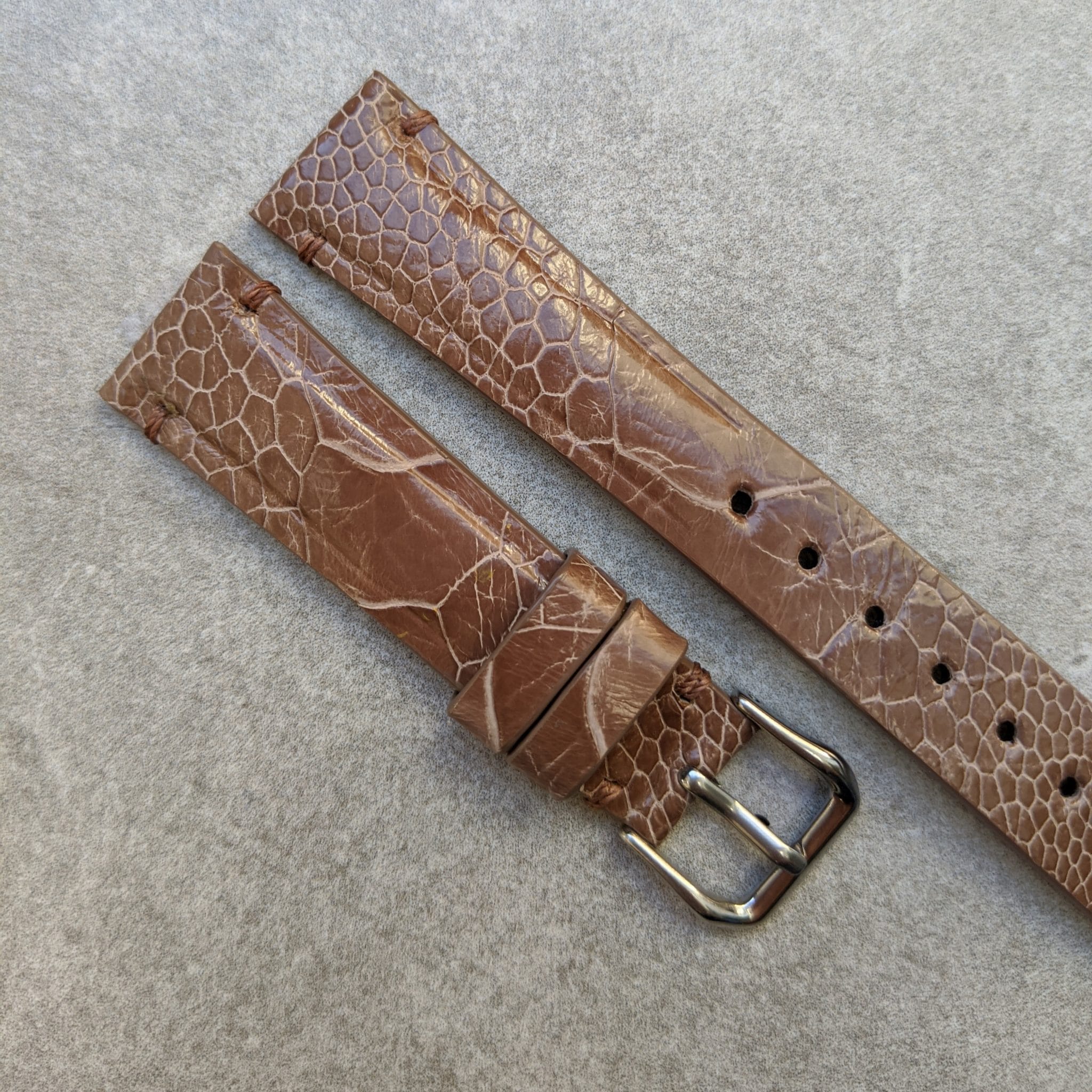 Ostrich Shin Strap Minimal Stitch - Light Brown - The Strap Tailor
