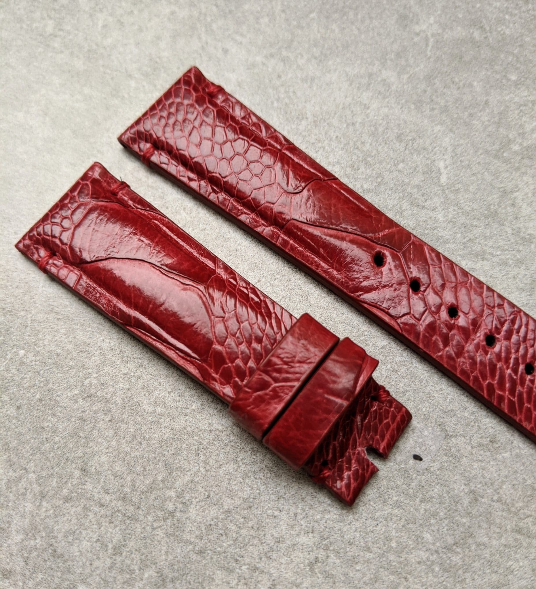 Ostrich Shin Watch Strap - Minimal Stitch - Burgundy - The Strap Tailor