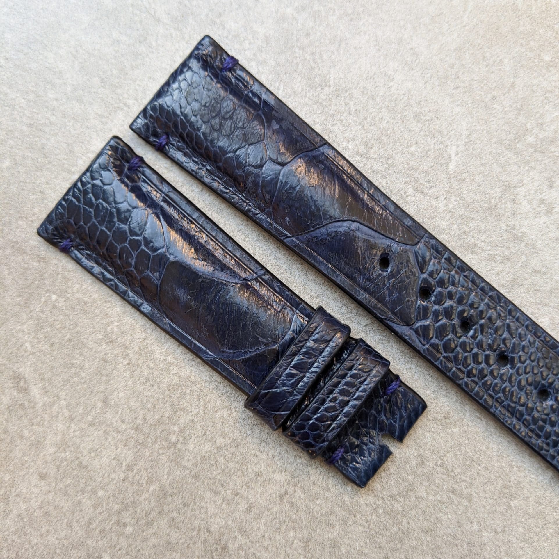 Ostrich Shin Watch Strap - Minimal Stitch - Midnight Blue - The Strap Tailor