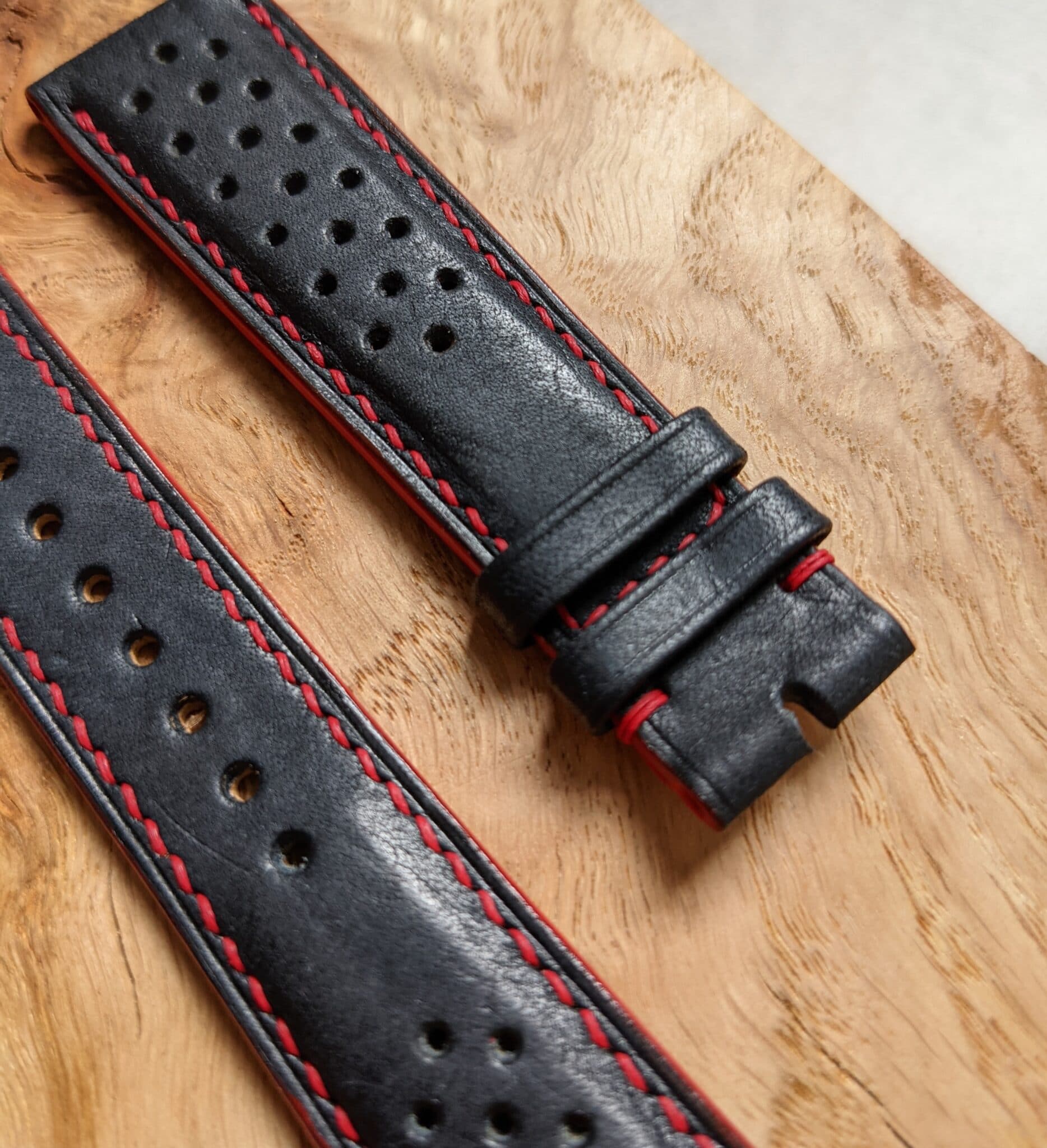 Pueblo Calfskin Strap - Dark Blue & Red Rally Strap - The Strap Tailor