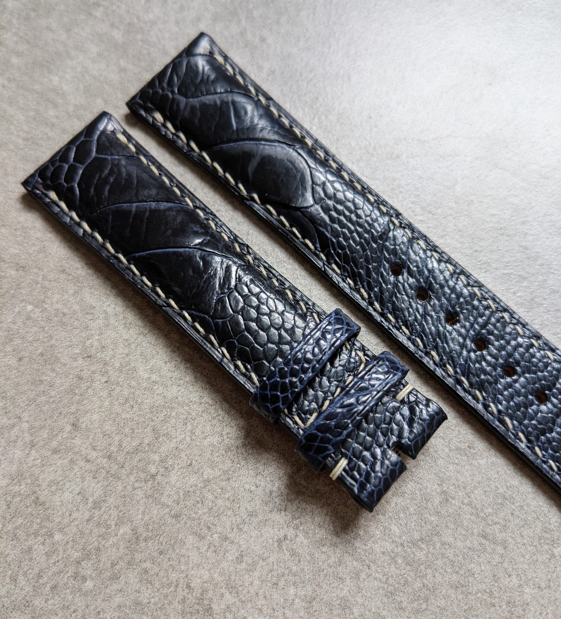 Ostrich Shin Watch Strap - Midnight Blue & Cream - The Strap Tailor