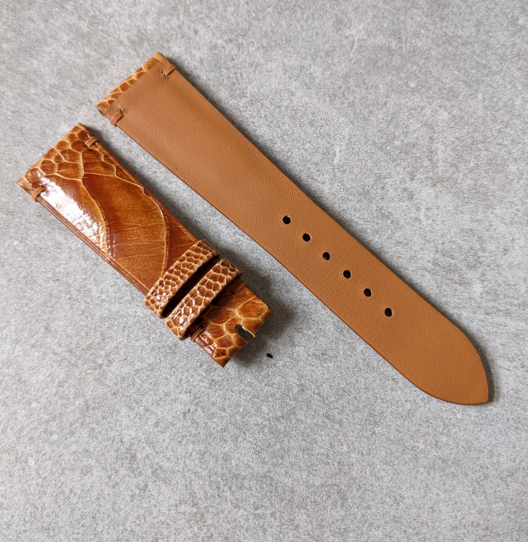 Ostrich Shin Watch Strap - Minimal Stitch - Honey Brown - The Strap Tailor