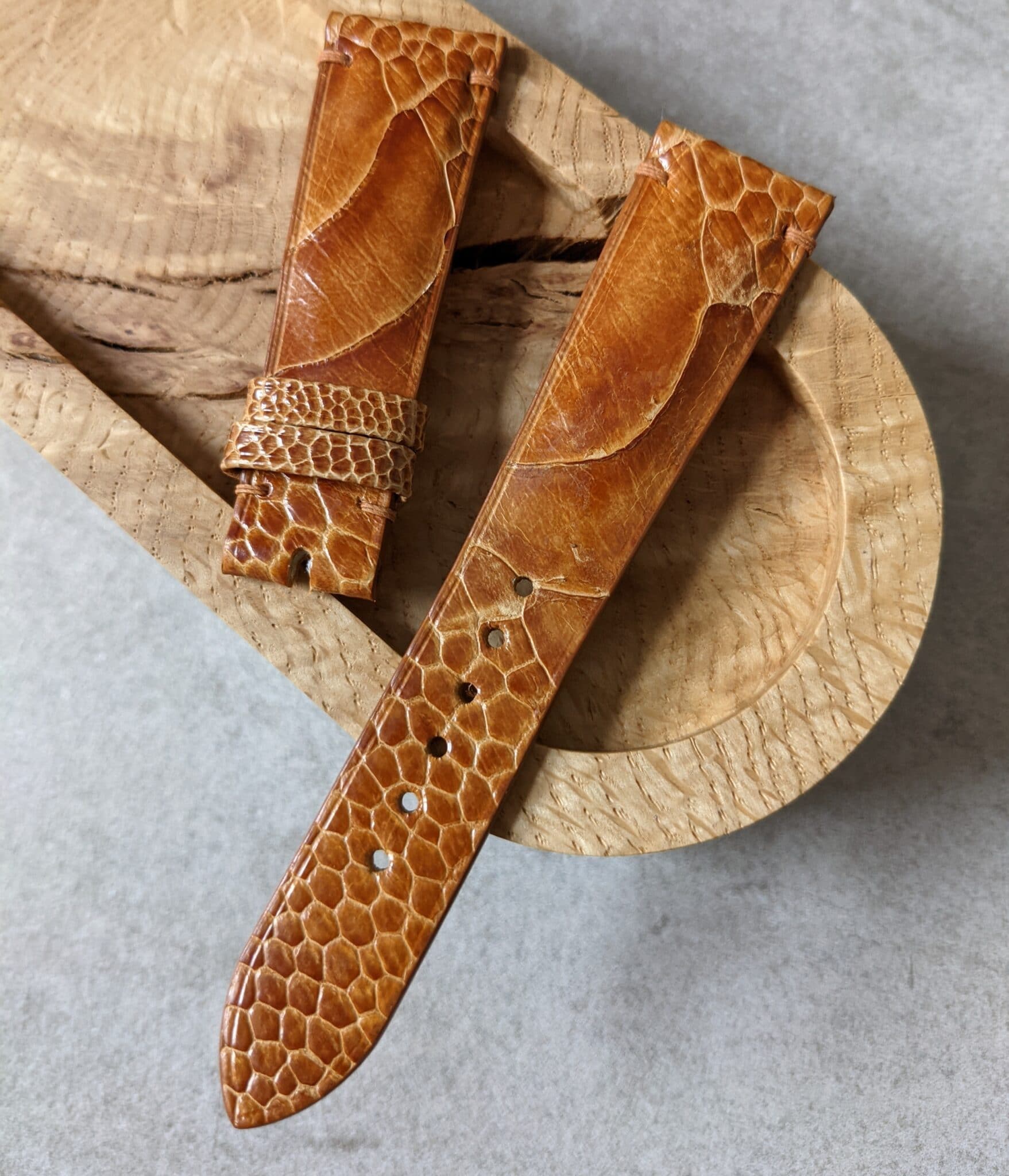 Ostrich Shin Watch Strap - Minimal Stitch - Honey Brown - The Strap Tailor