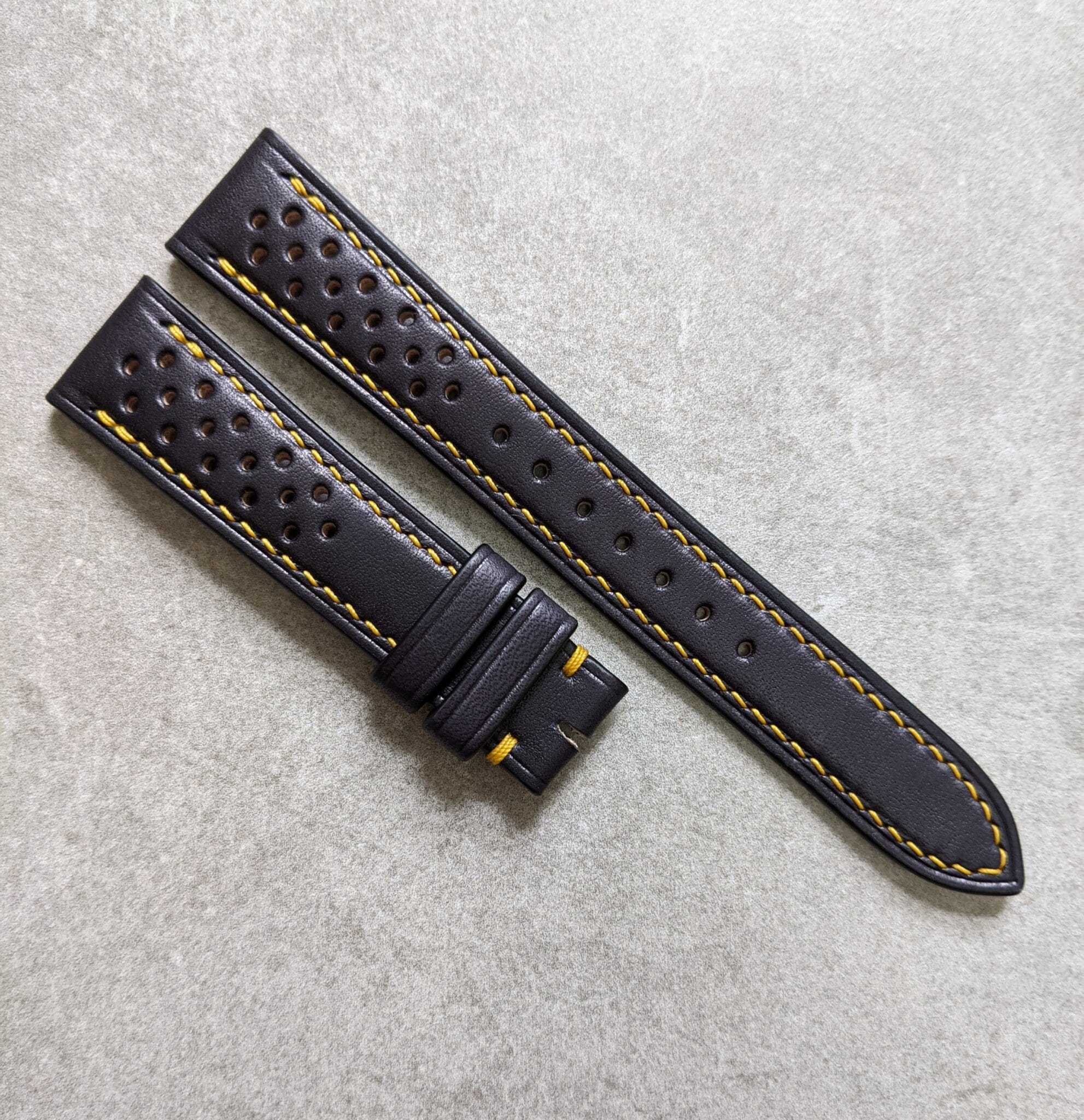 French Calfskin Rally Watch Strap Black W/Yellow Stitching The
