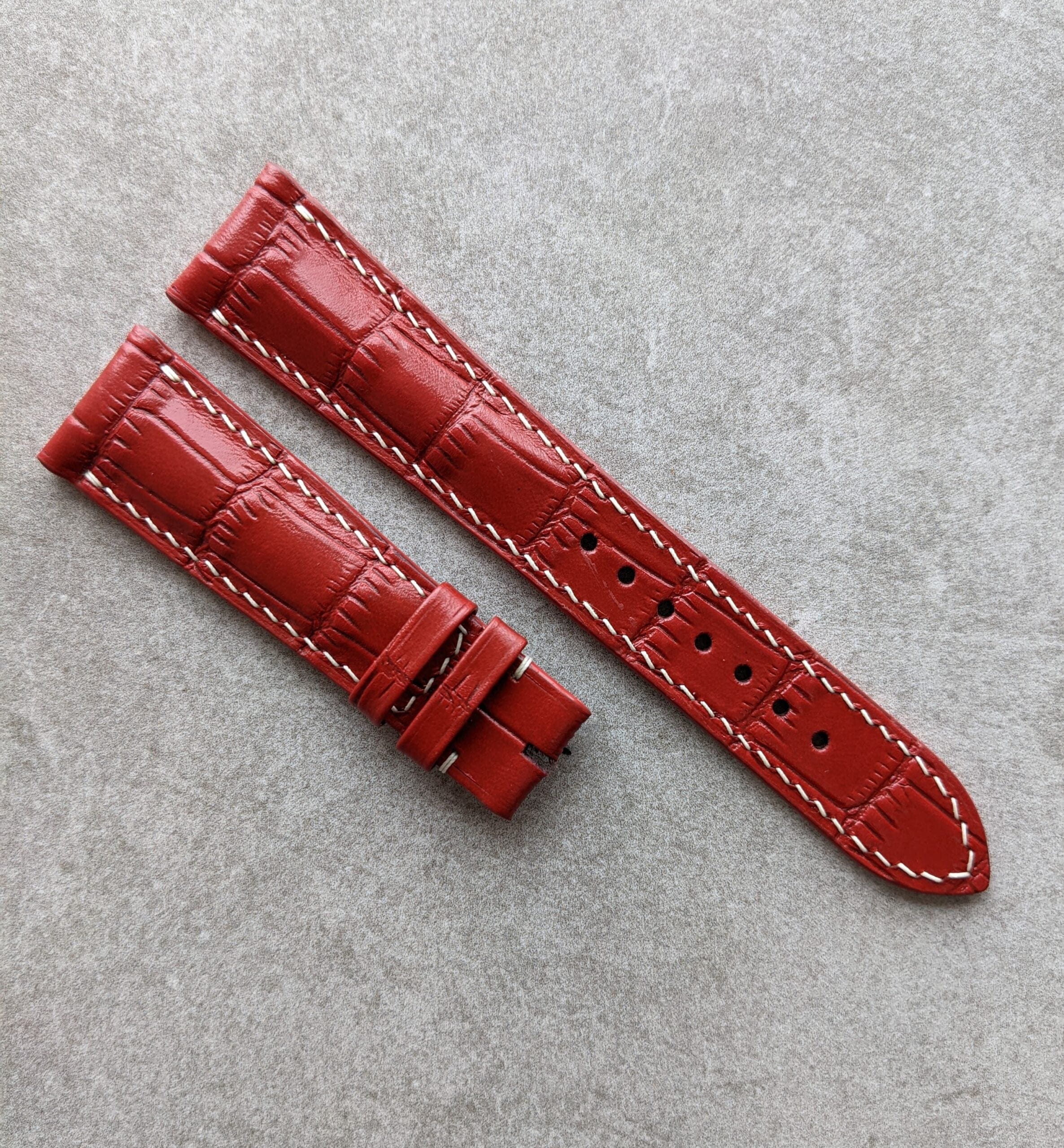 Embossed Crocodile Watch Strap Red W/Cream Stitching The Strap