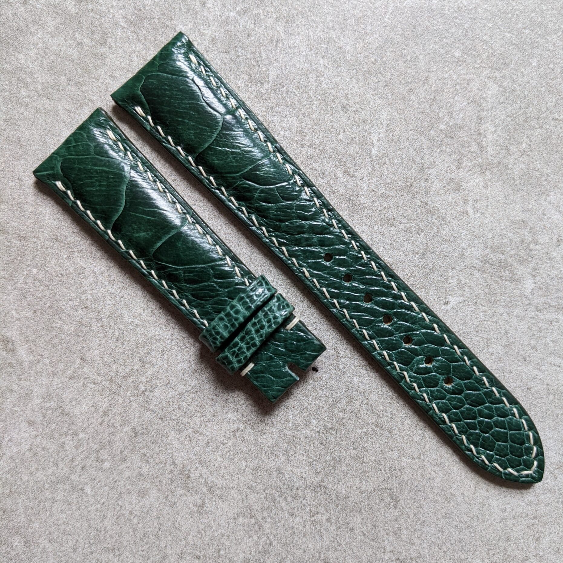 Ostrich Shin Padded Watch Strap - Dark Green W/Cream Stitching - The Strap Tailor