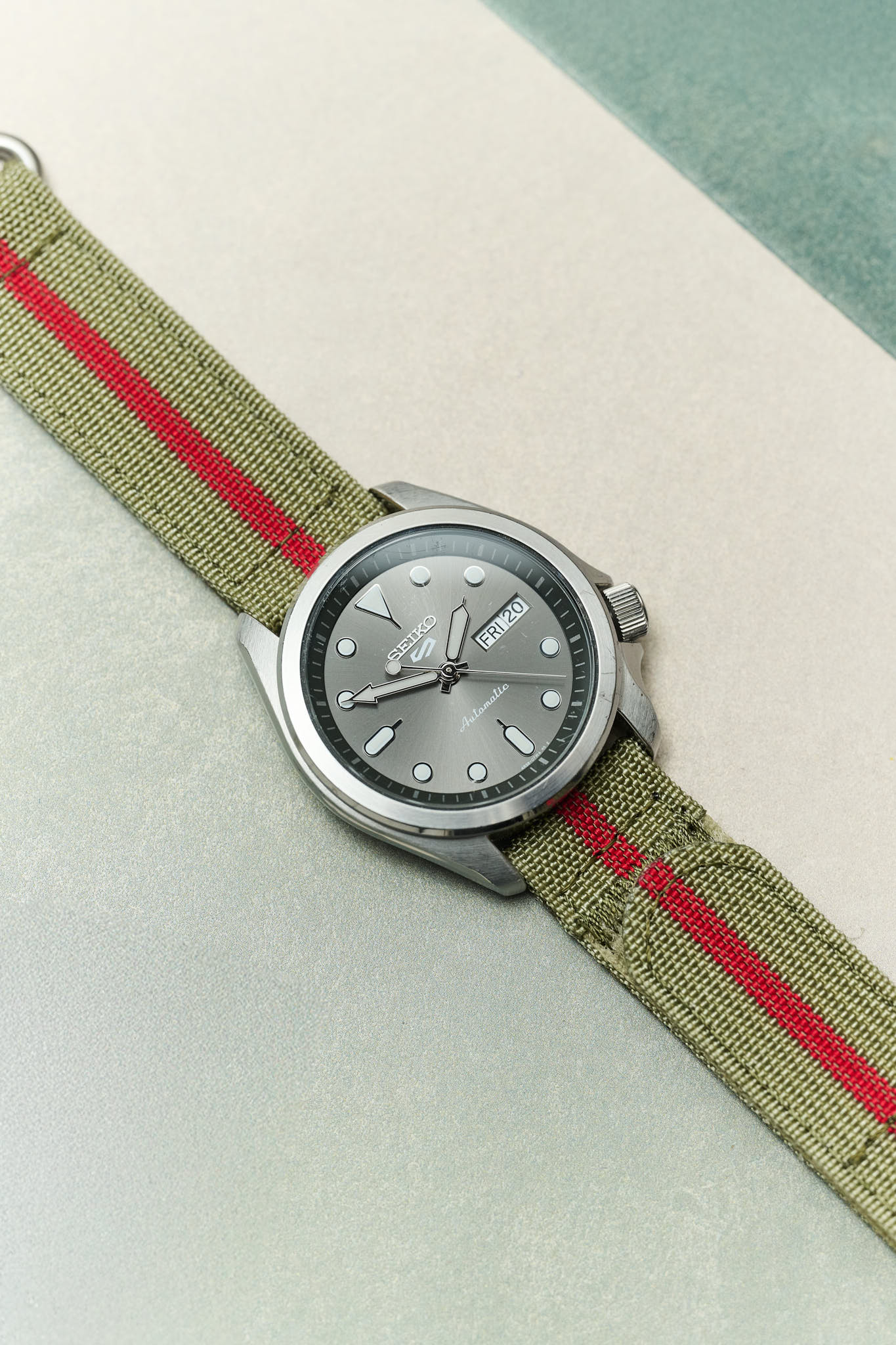 Premium Ribbed Two Piece Ballistic Nylon Strap - Olive Green & Red Pin Stripe - The Strap Tailor