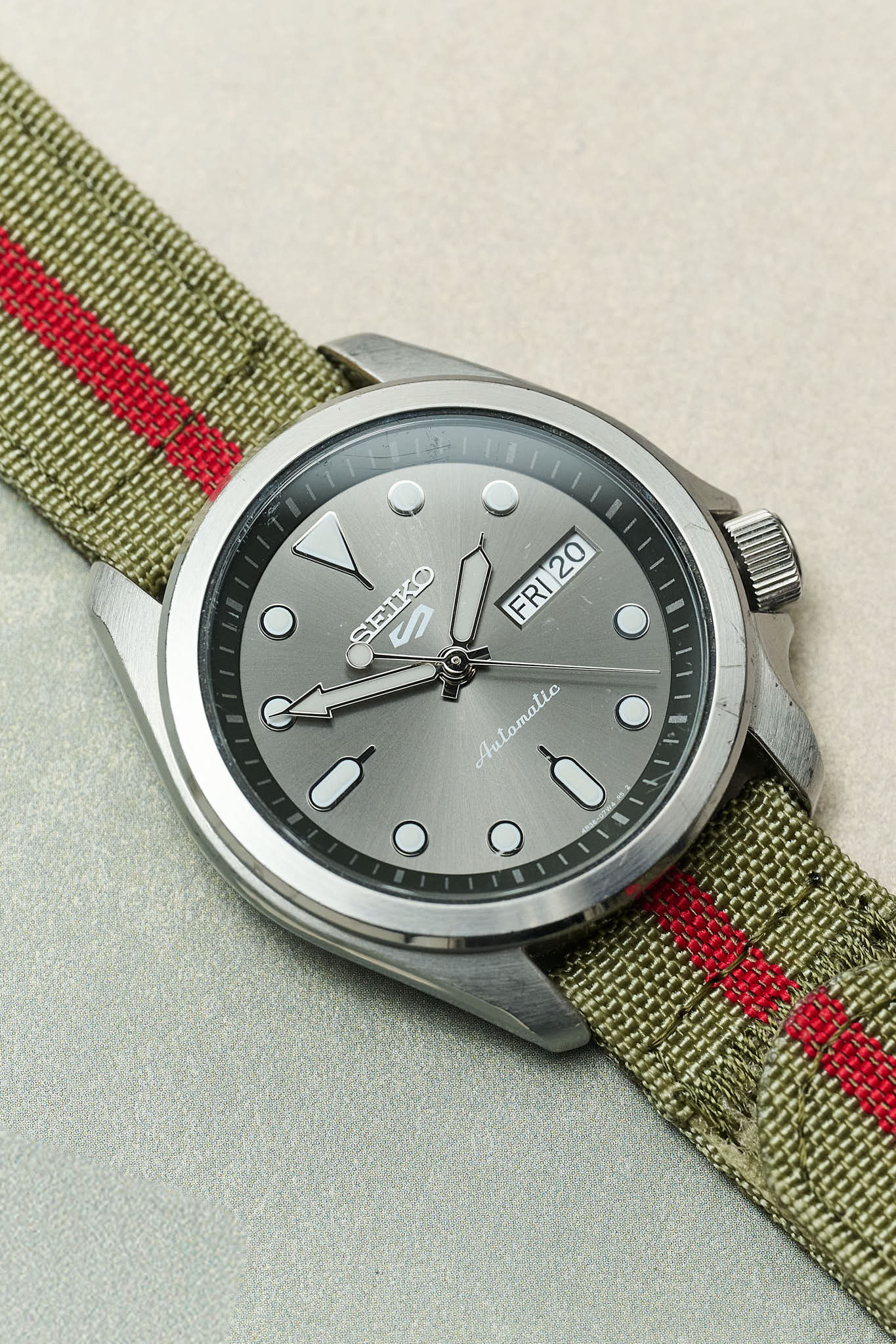 Premium Ribbed Two Piece Ballistic Nylon Strap - Olive Green & Red Pin Stripe - The Strap Tailor