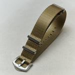 Olive green watch strap with silver buckles on a light gray background
