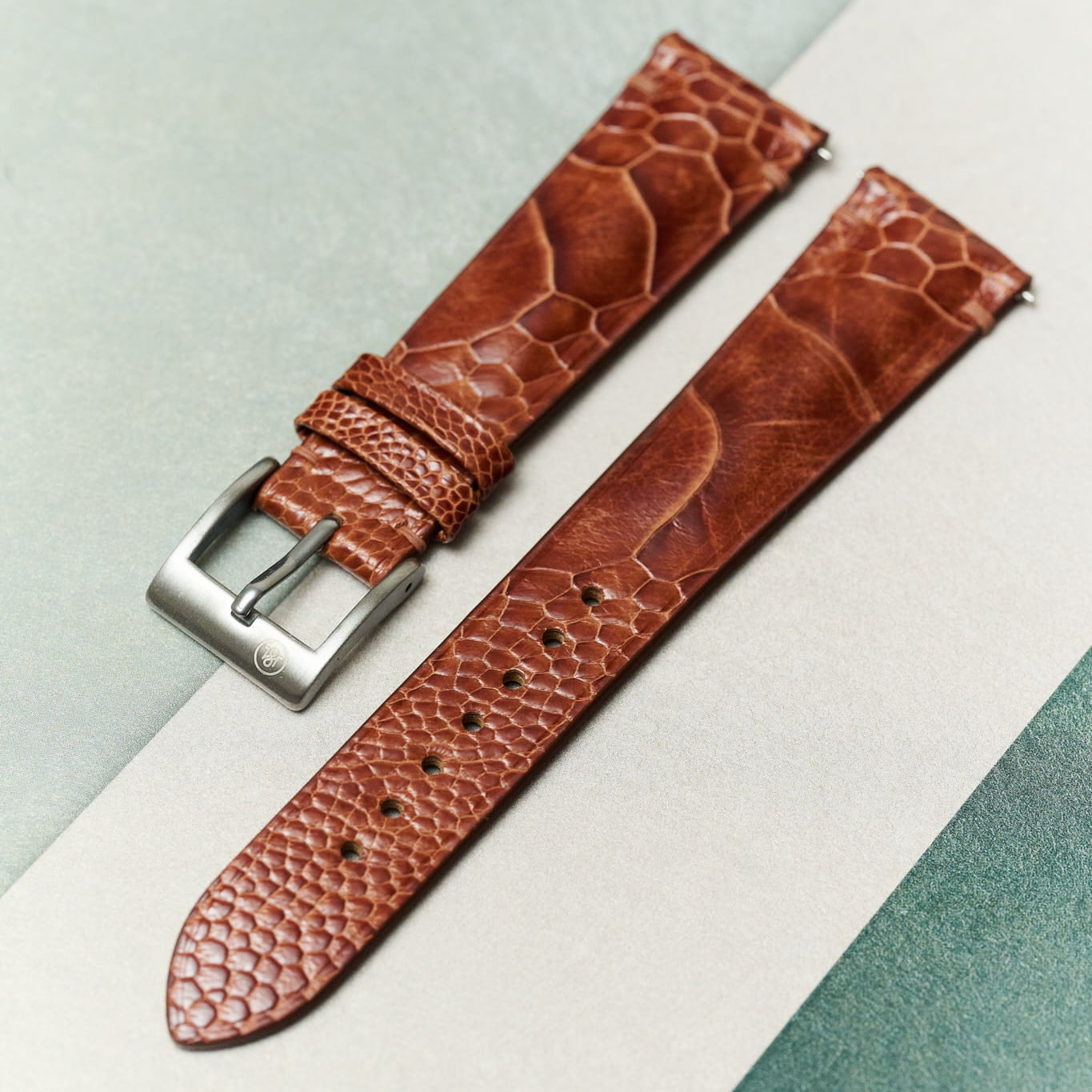Ostrich Shin Watch Strap Minimal Stitch - Cognac - RTW - The Strap Tailor