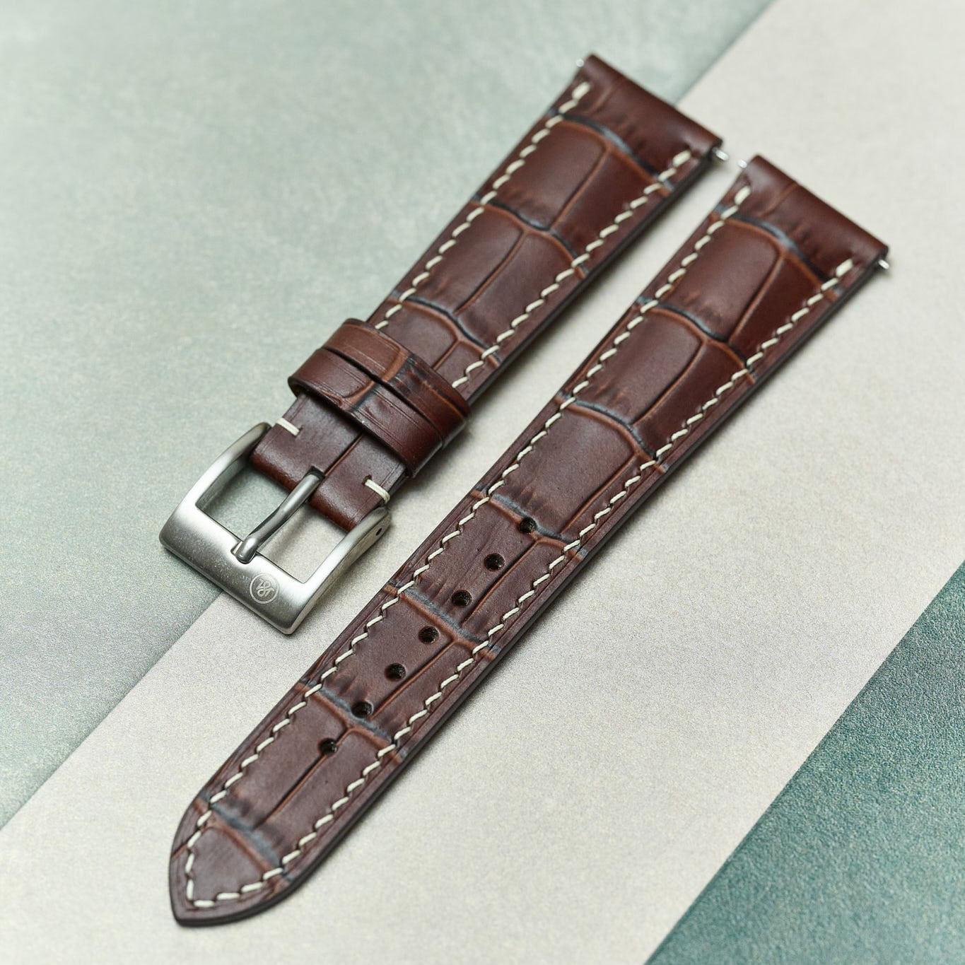 Embossed Crocodile Watch Strap - Matte Brown & Cream - RTW - The Strap Tailor