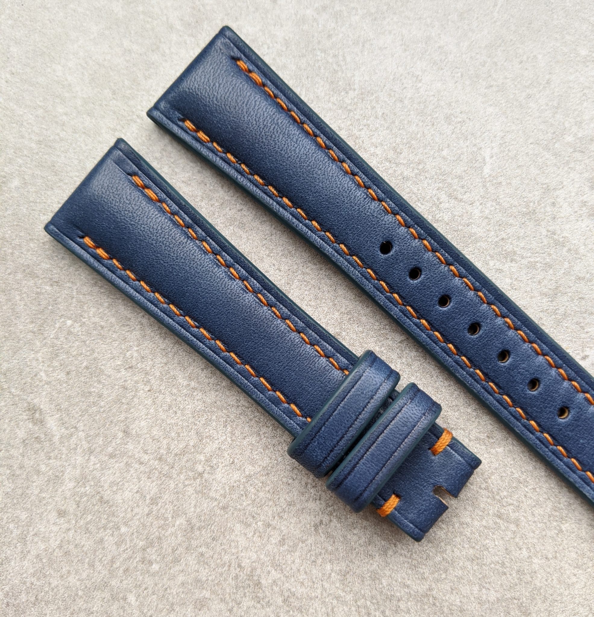 French Calfskin Watch Strap - Navy Blue w/Orange Stitch - The Strap Tailor