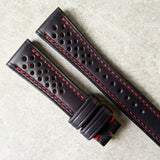 French Calfskin Rally Watch Strap - Black with contrast red stitch - The Strap Tailor