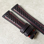 French Calfskin Rally Watch Strap - Black with contrast red stitch - The Strap Tailor