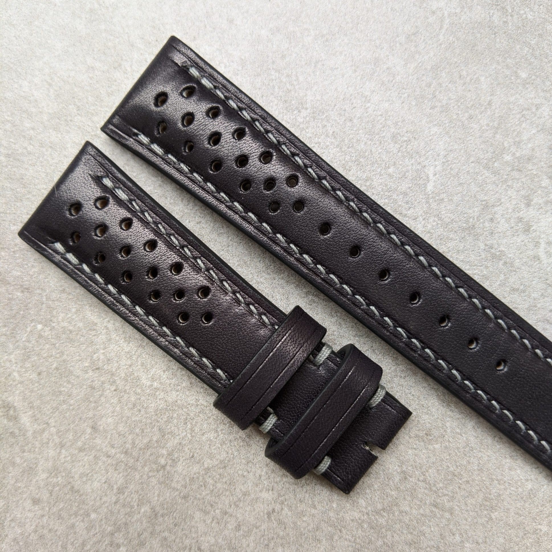 French Calfskin Rally Watch Strap - Black & Smoke Grey - The Strap Tailor