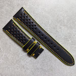 French Calfskin Rally Watch Strap - Black & Sunflower Yellow - The Strap Tailor
