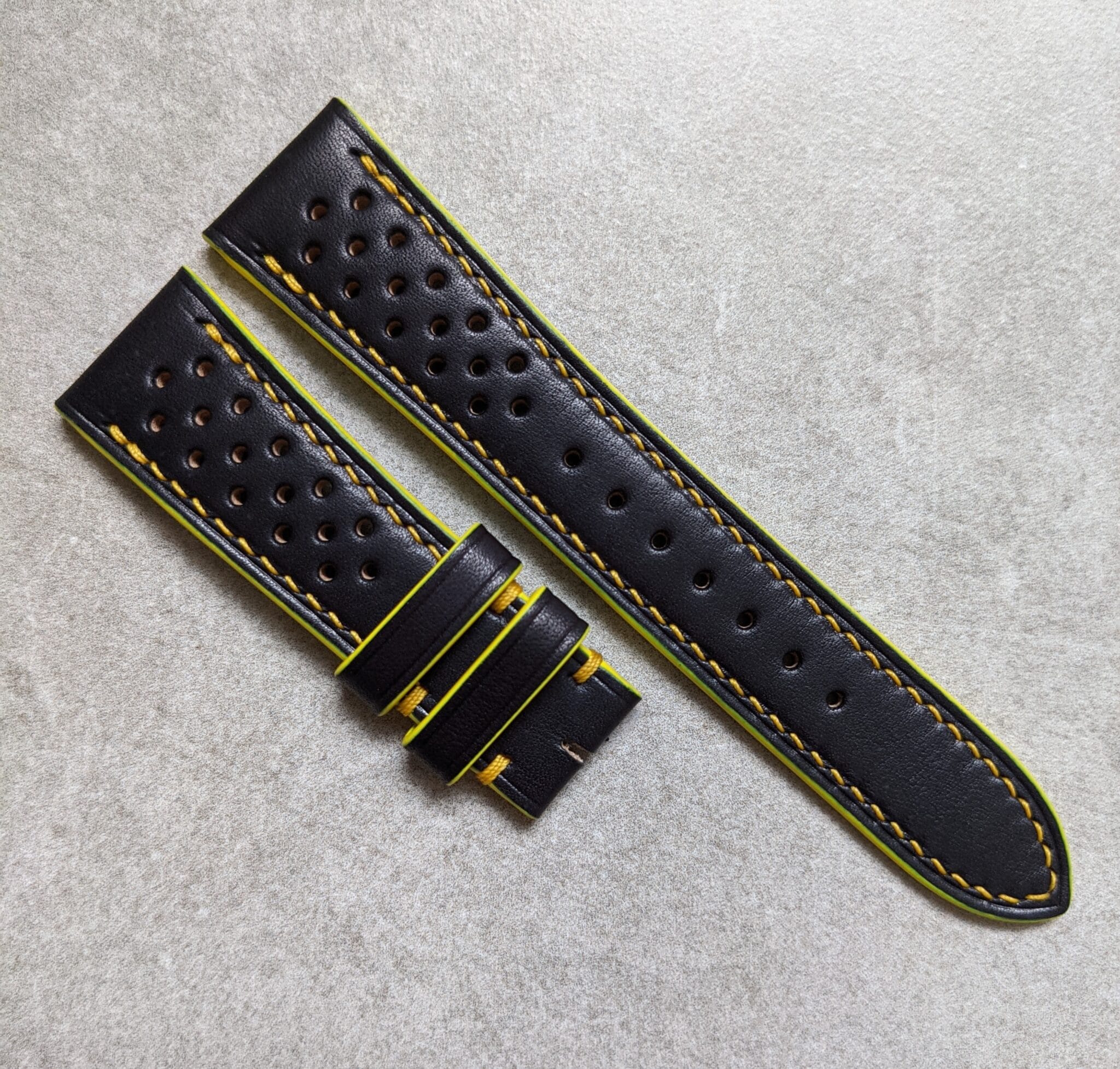 French Calfskin Rally Watch Strap - Black & Sunflower Yellow - The Strap Tailor