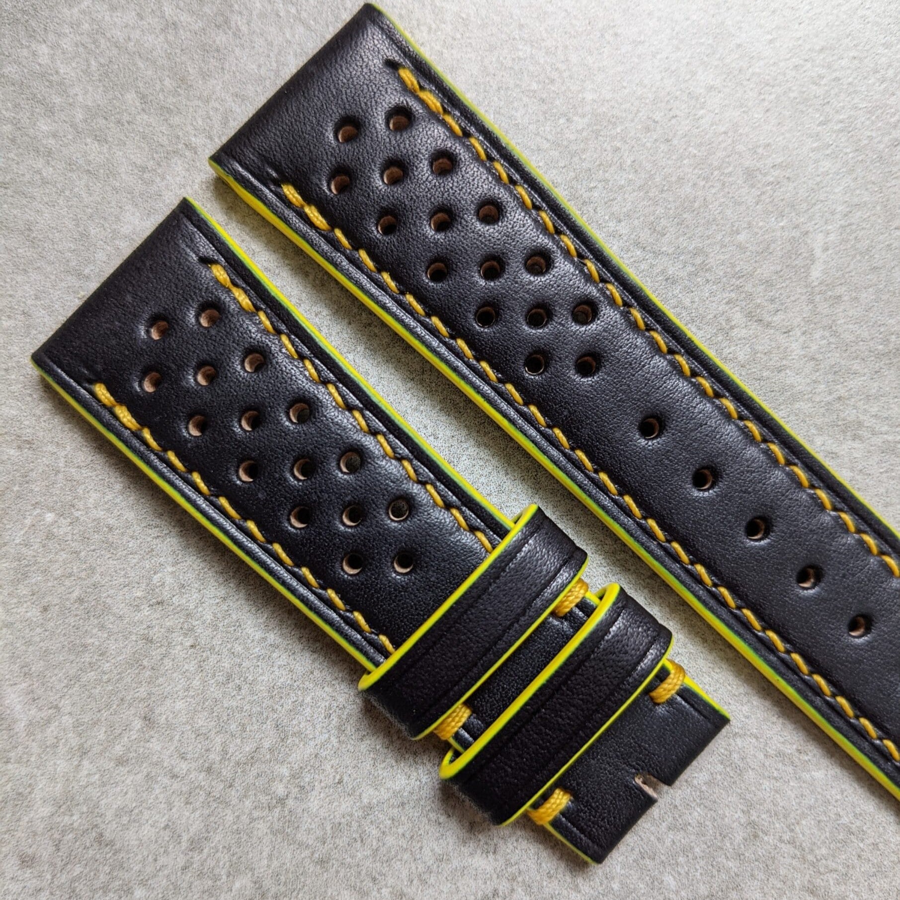 French Calfskin Rally Watch Strap - Black & Sunflower Yellow - The Strap Tailor