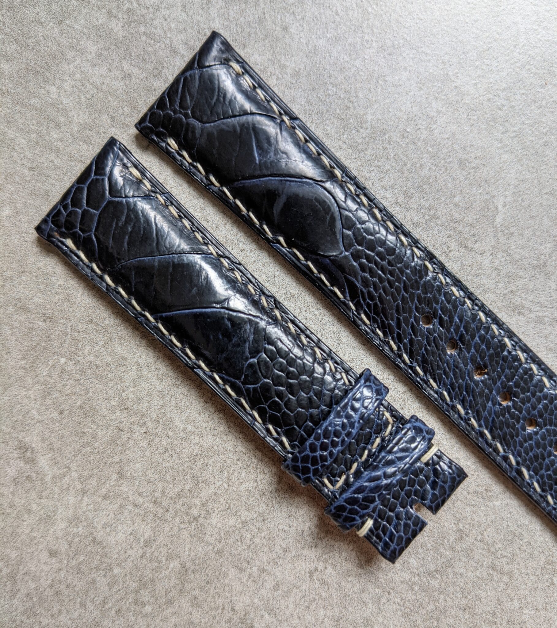 Ostrich Shin Watch Strap - Midnight Blue & Cream - The Strap Tailor