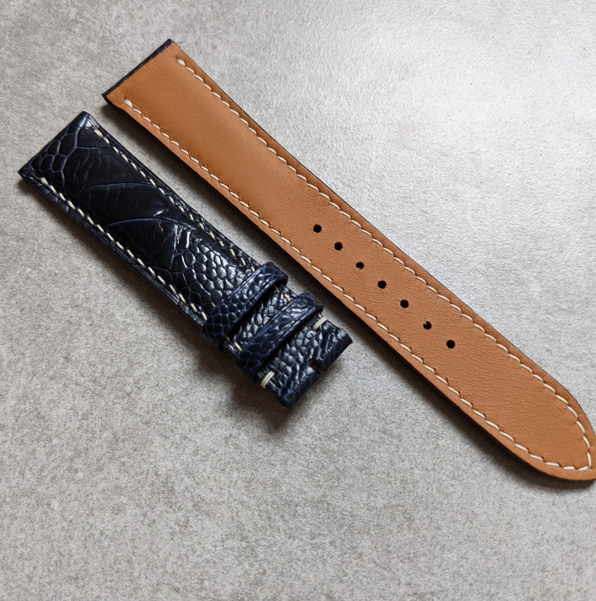 Ostrich Shin Watch Strap - Midnight Blue & Cream - The Strap Tailor