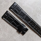 Embossed Crocodile Watch Strap - Black w/cream stitching - The Strap Tailor