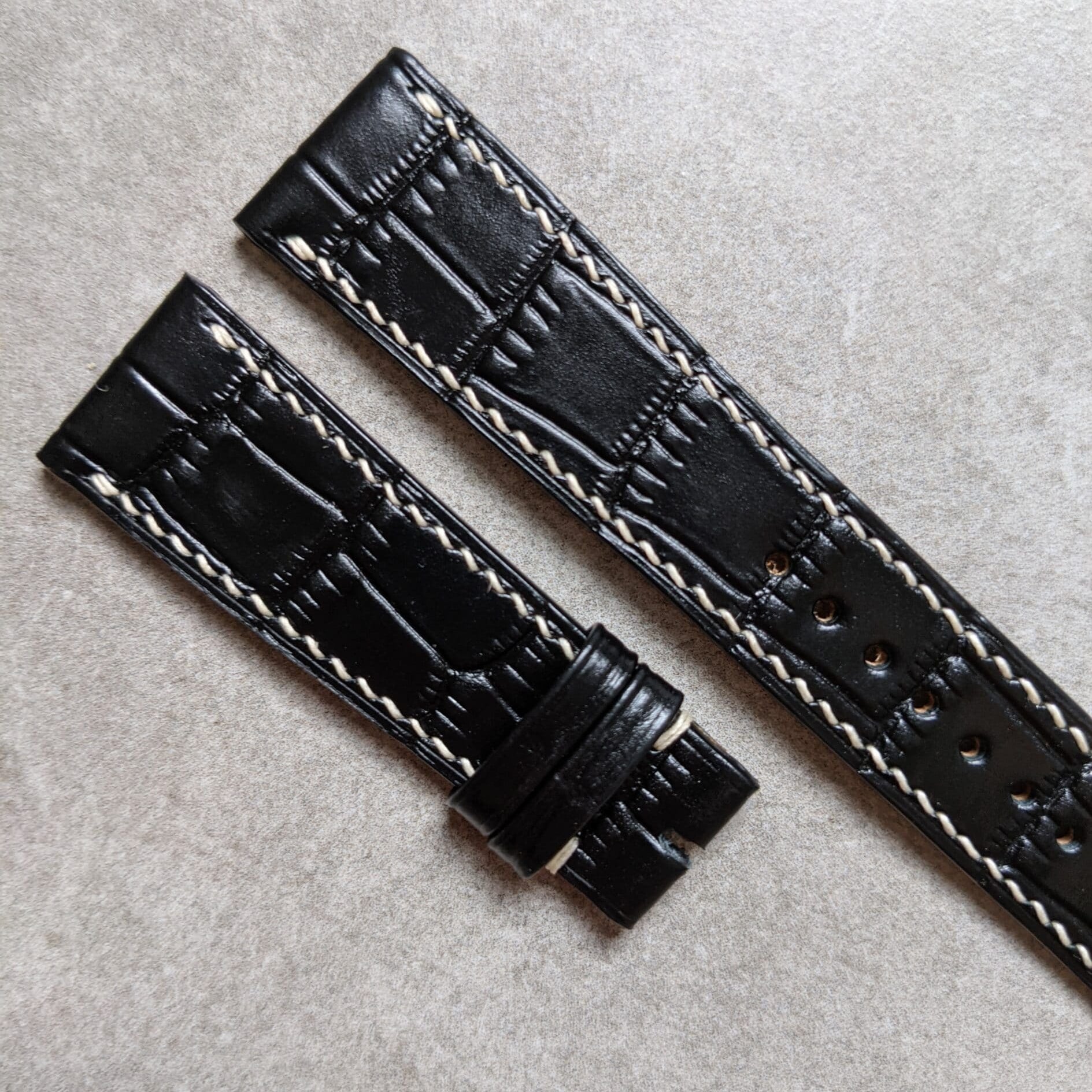 Embossed Crocodile Watch Strap - Black w/cream stitching - The Strap Tailor