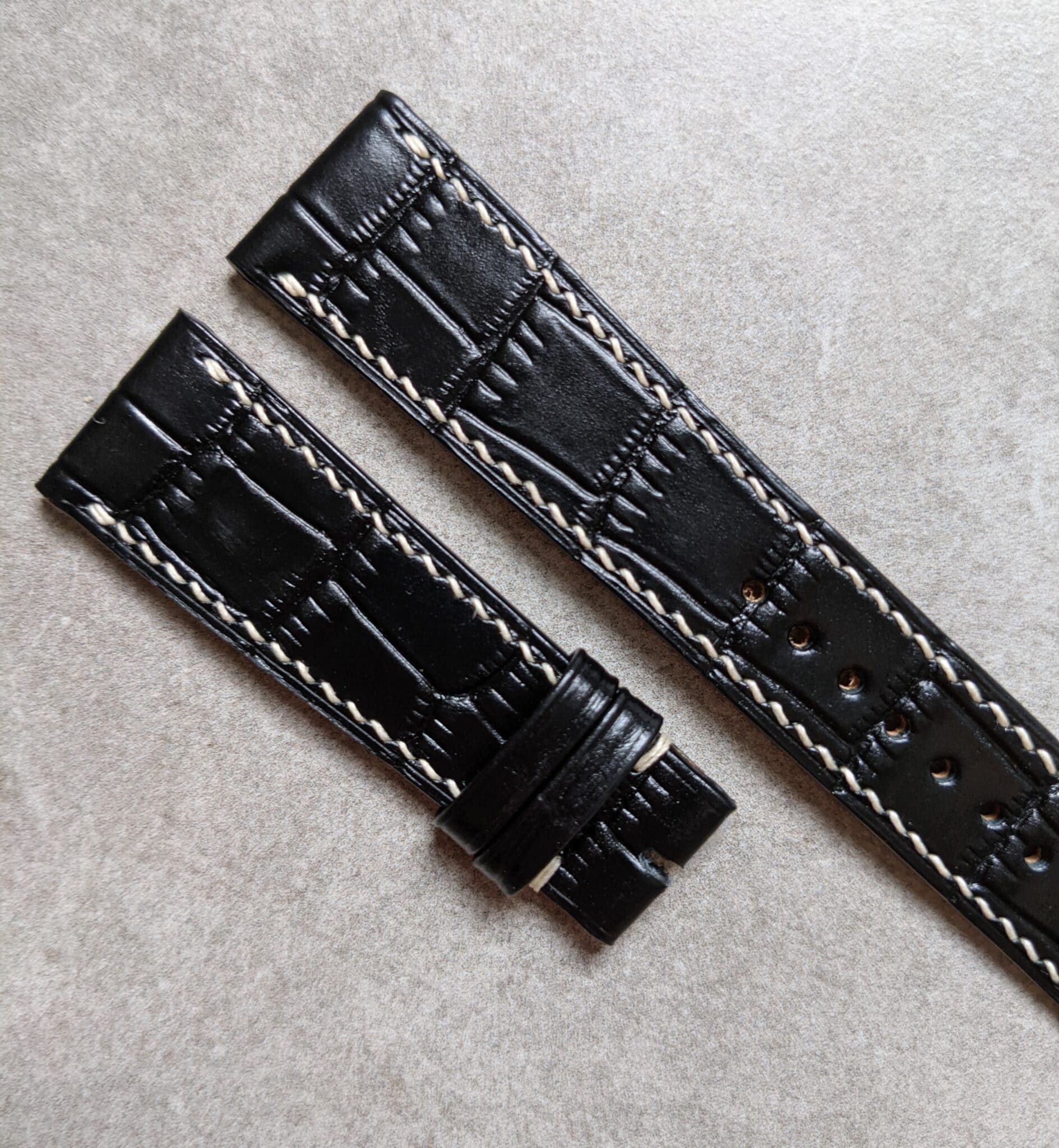 Embossed Crocodile Watch Strap - Black w/cream stitching - The Strap Tailor