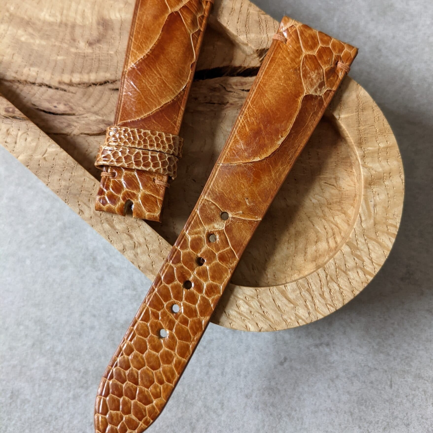 Ostrich Shin Watch Strap - Minimal Stitch - Honey Brown - The Strap Tailor