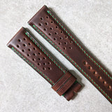 Horween Rally Calfskin Watch Strap - Brown w/green stitching & edges