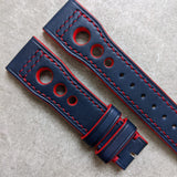 French Calfskin IWC Rally Style Strap - Navy Blue w/red stitching