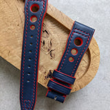 French Calfskin IWC Rally Style Strap - Navy Blue w/red stitching