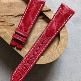 Ostrich Shin Padded Watch Strap - Red W/White Stitching
