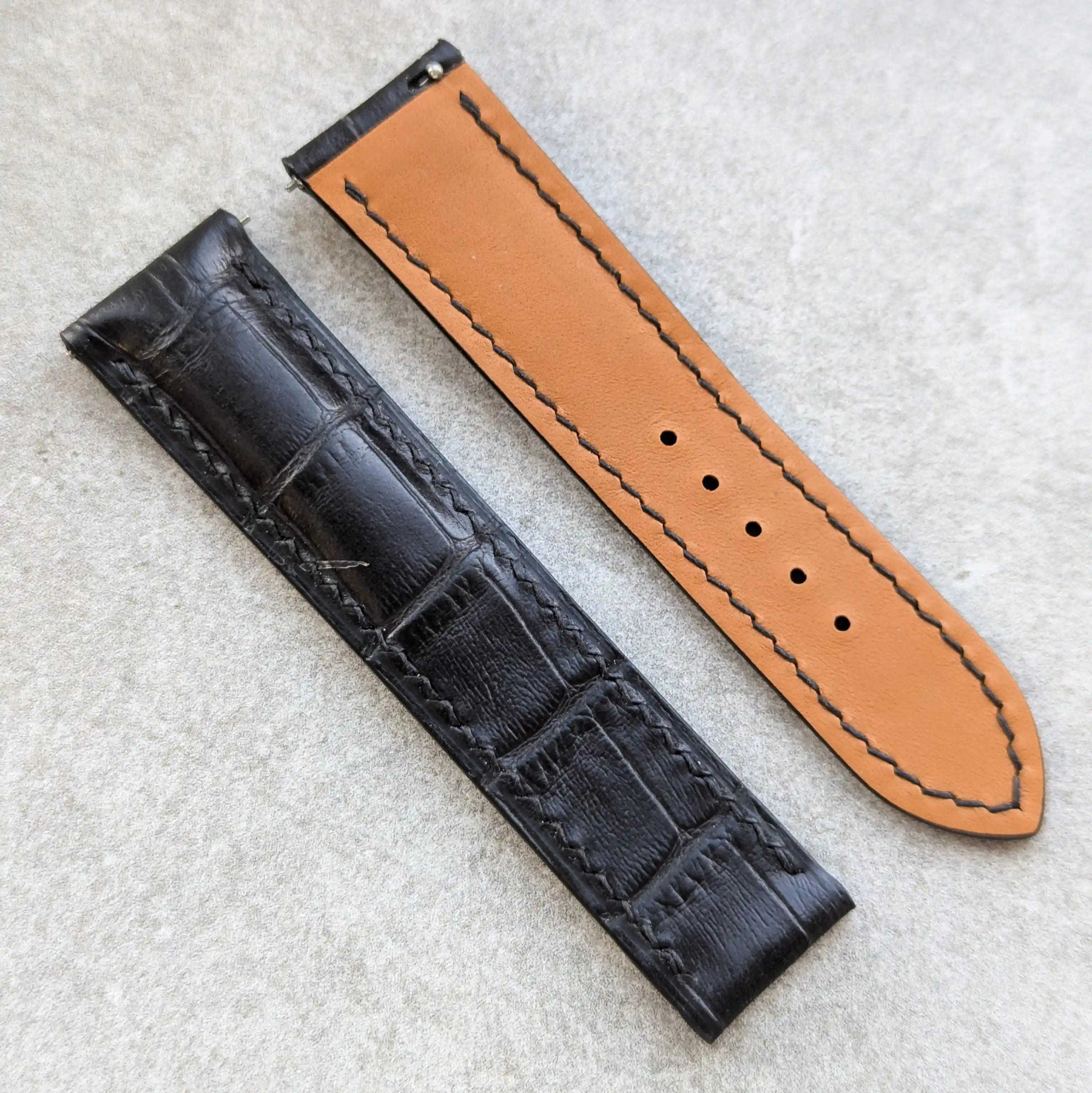 Omega Style Deployant Embossed Crocodile Strap Black