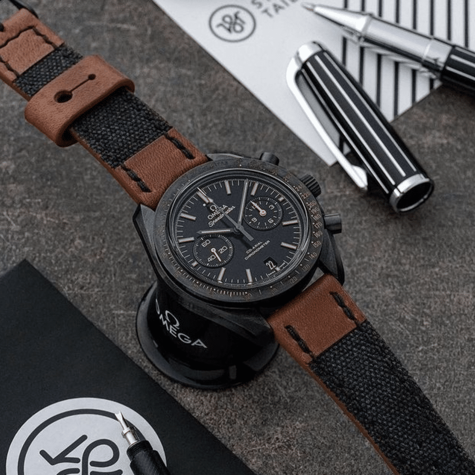 Canvas & Leather Strap - Black + Chesnut Brown - The Strap Tailor