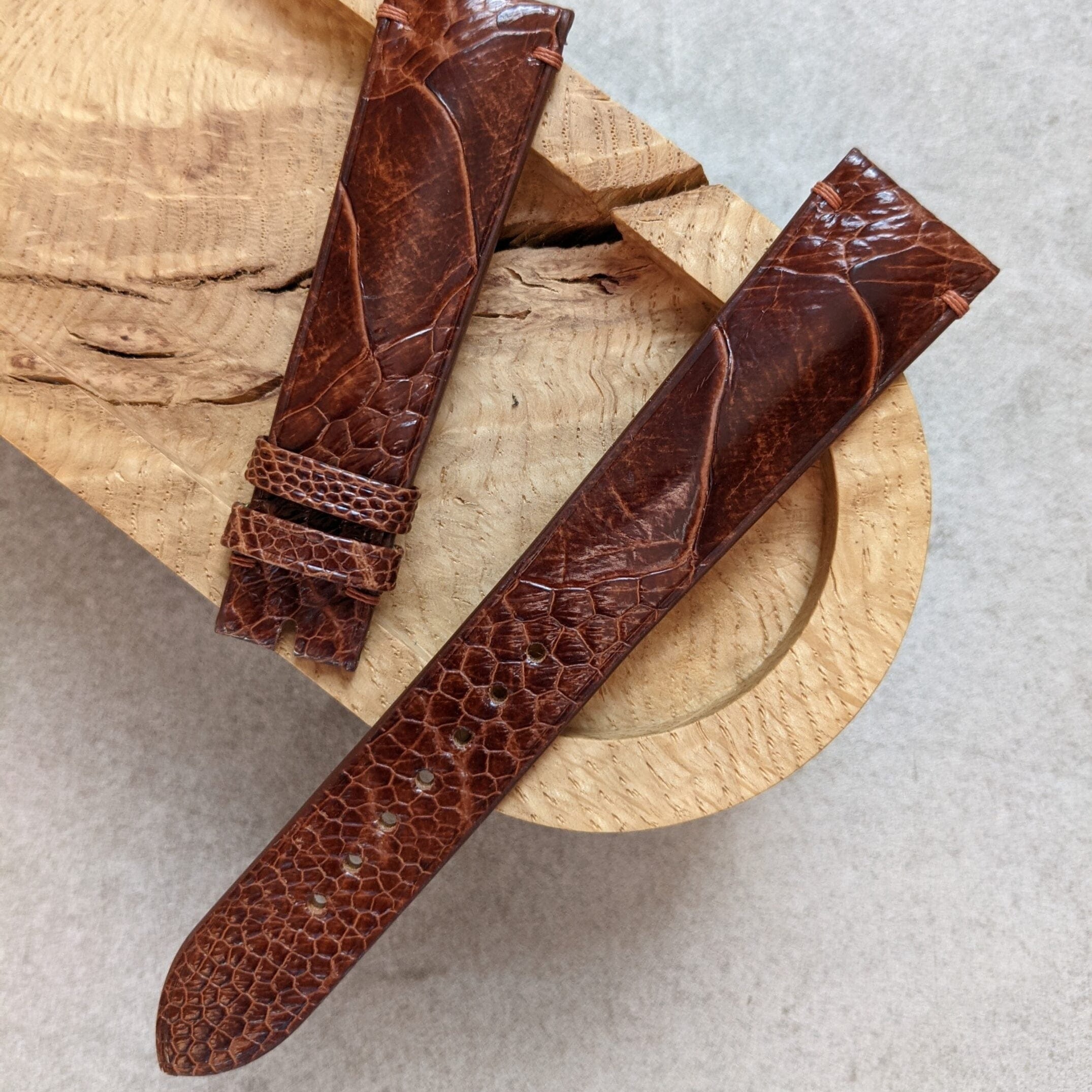 Ostrich Shin Watch Strap - Minimal Stitch - Cognac - The Strap Tailor