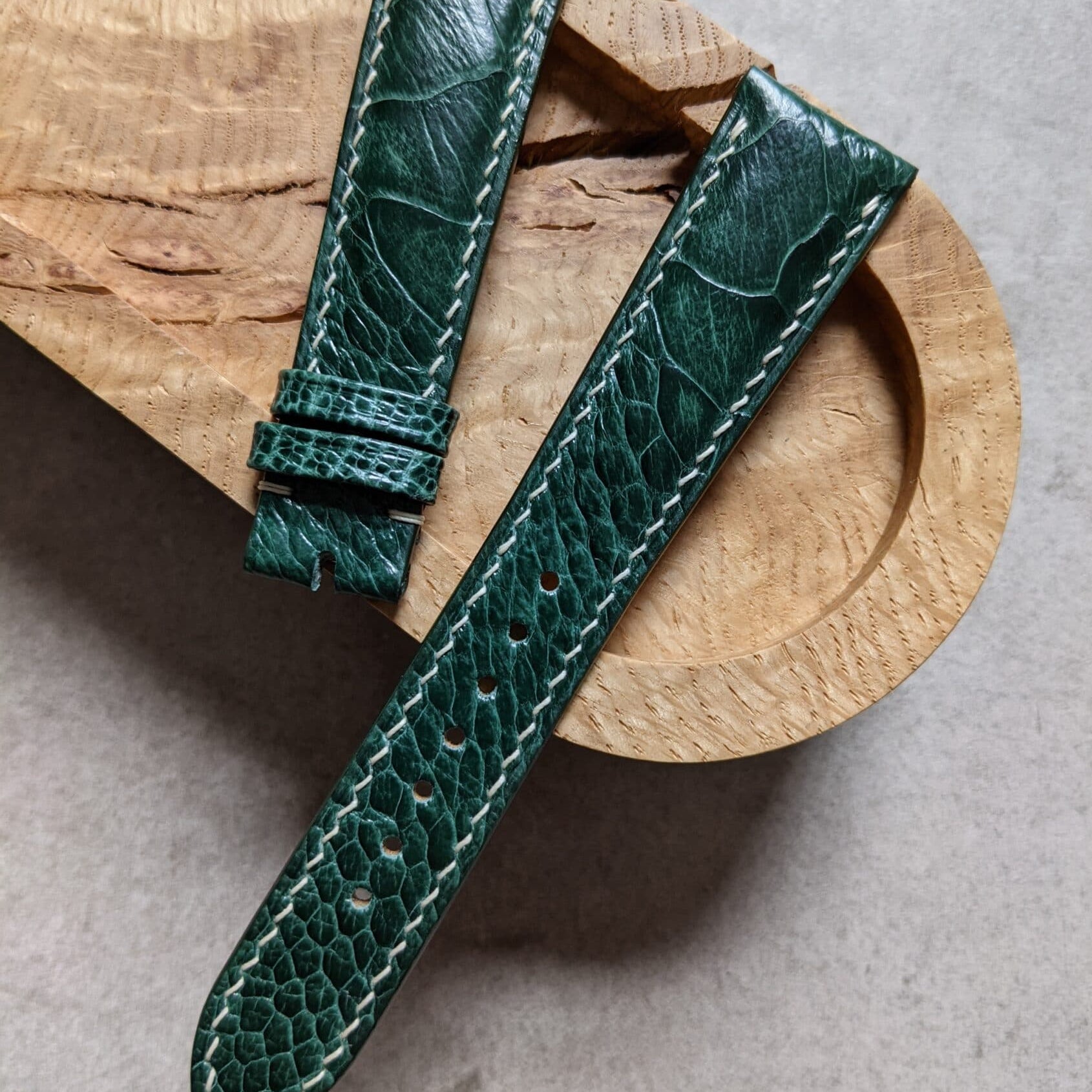 Ostrich Shin Padded Watch Strap - Dark Green W/Cream Stitching - The Strap Tailor