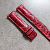 Ostrich Shin Padded Watch Strap - Red W/White Stitching