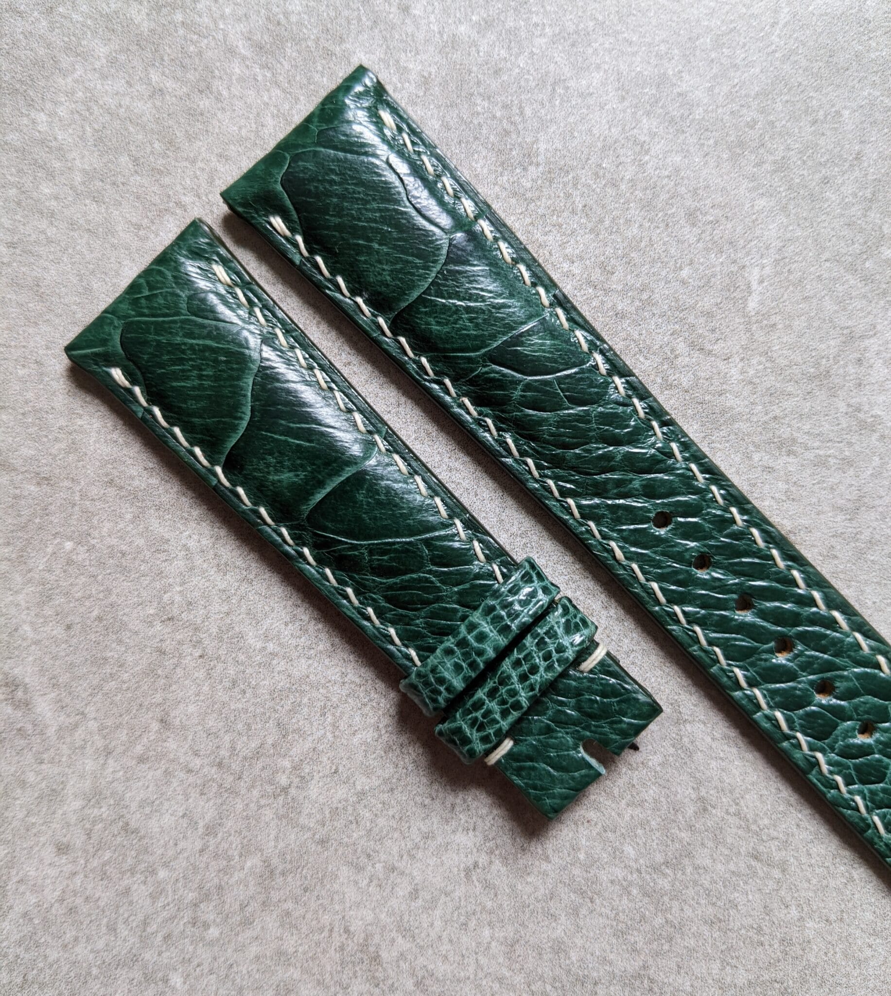 Ostrich Shin Padded Watch Strap - Dark Green W/Cream Stitching - The Strap Tailor